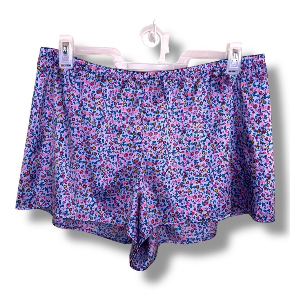 XL Victorias Secret Colorful Floral Satin Shorts Elastic Waistband Purple Pink